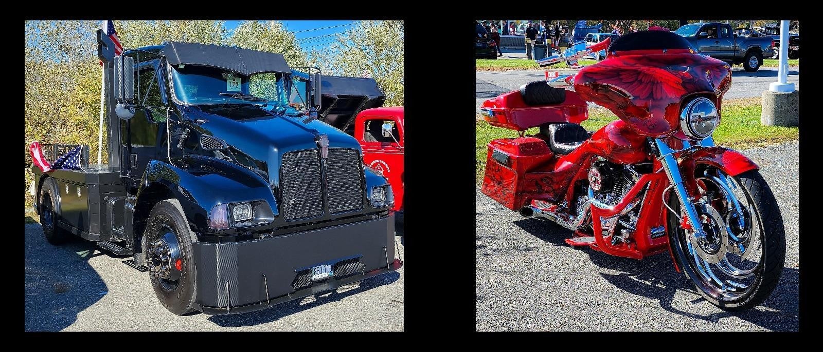 black classic semi and red classic motorcycle